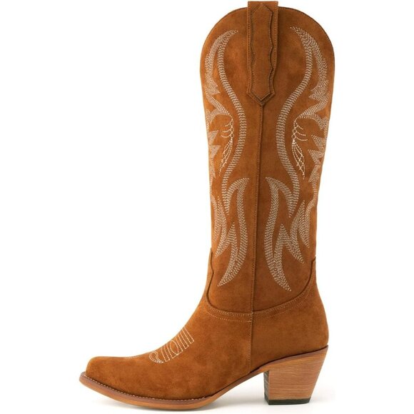 Women's Brown Mid Calf Cowgirl Western Boots Embroidered Suede Pull On - Picture 6 of 8